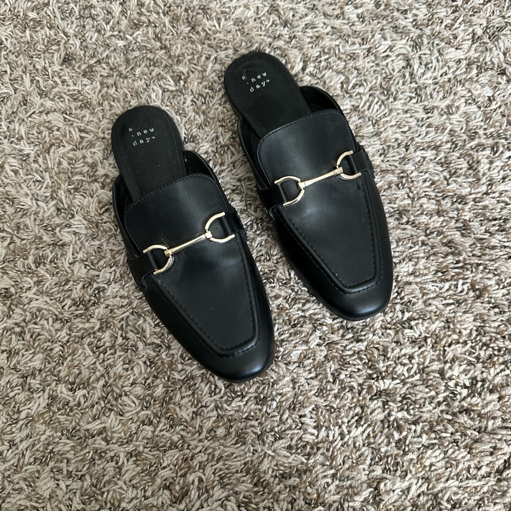 Black Leather Loafers with Gold Accents